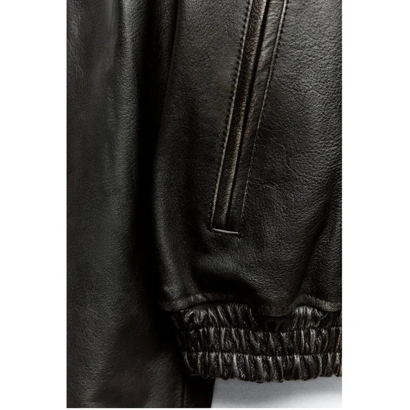 NWT Zara Distressed Effect High Collar Leather Jacket Dark Brown Sz:L